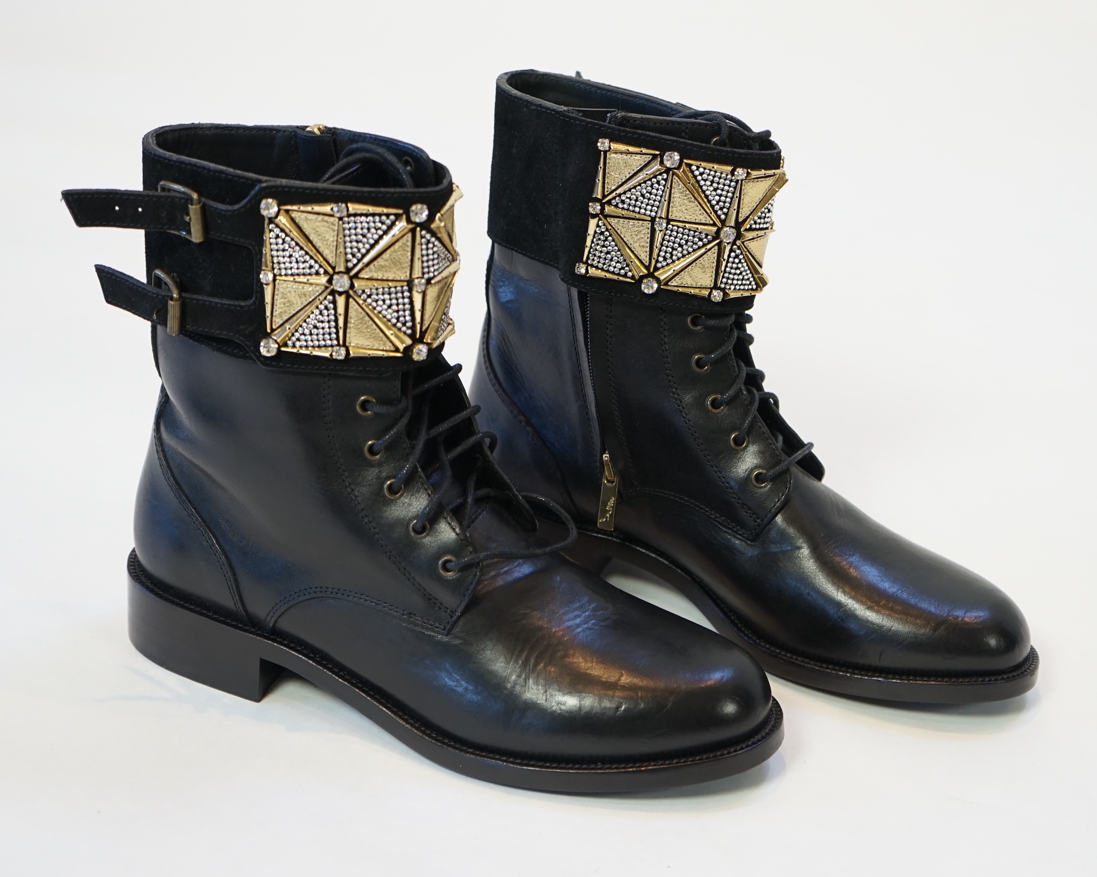 A pair of René Caovilla embellished unworn black leather biker boots, size EU 40